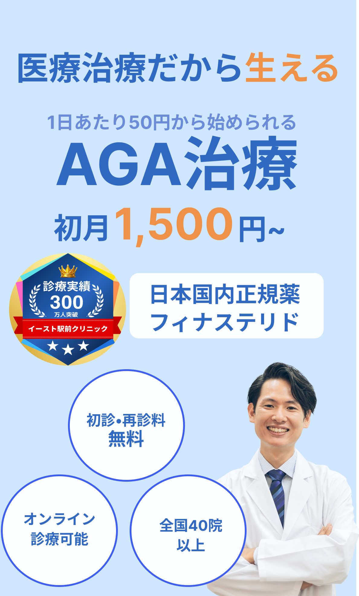 医療治療だからこそ生える。初回1,500円からのAGA治療。